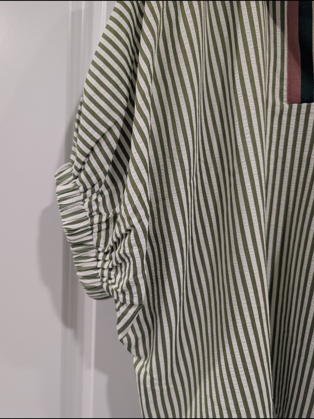entro Olive & White Striped V-Neck Tunic with Multicolor Trim Size S (Oversized) - Picture 3 of 5